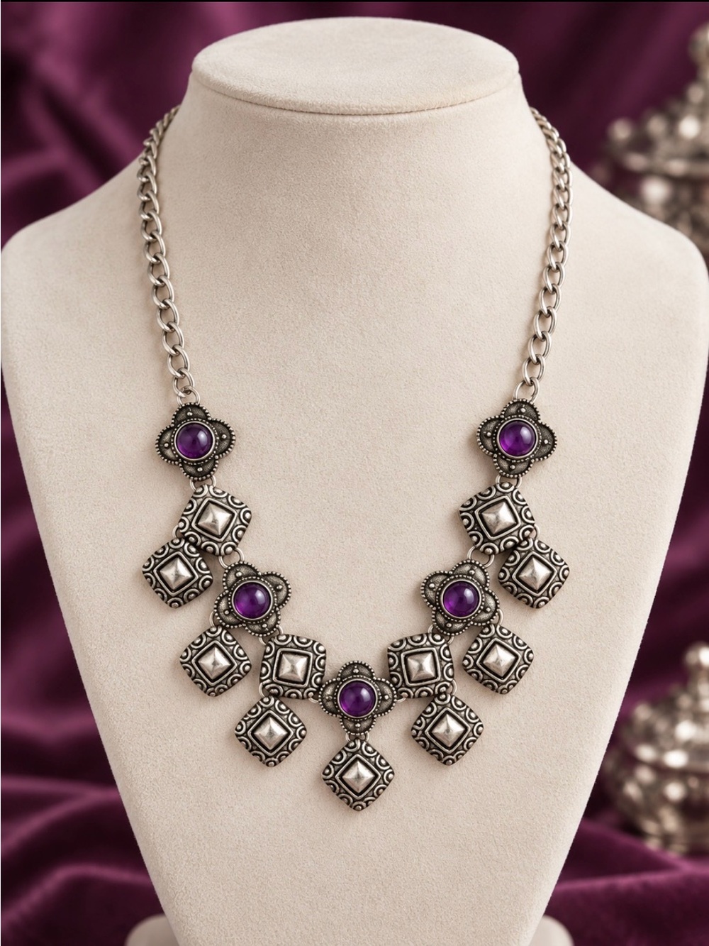 Silver-Tone Statement Necklace with Purple Cabochons